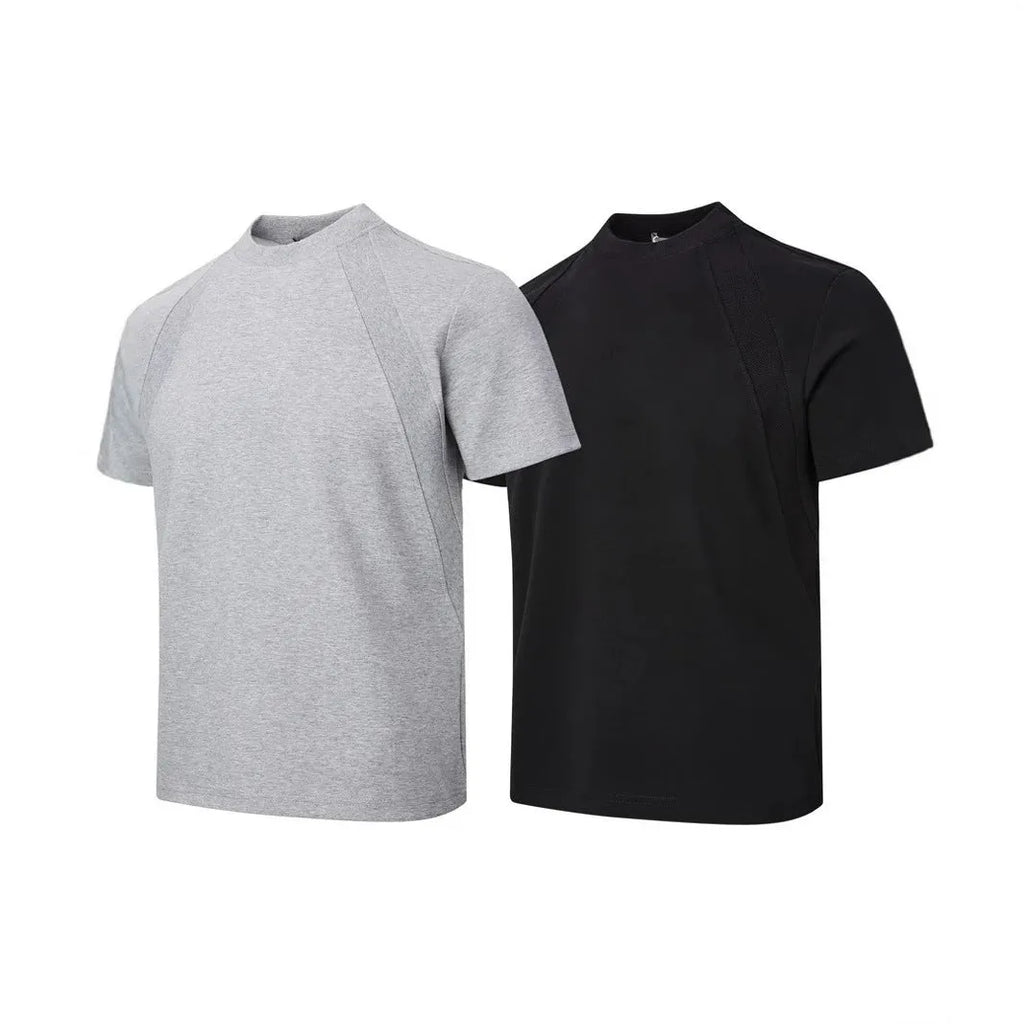 Loose grey short sleeve top with air layer stitching on a hanger.
