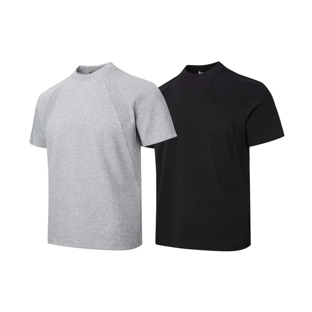 Loose grey short sleeve top with air layer stitching on a hanger.