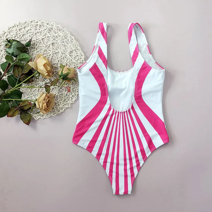 Pink striped one-piece swimsuit for women with digital printing front and back