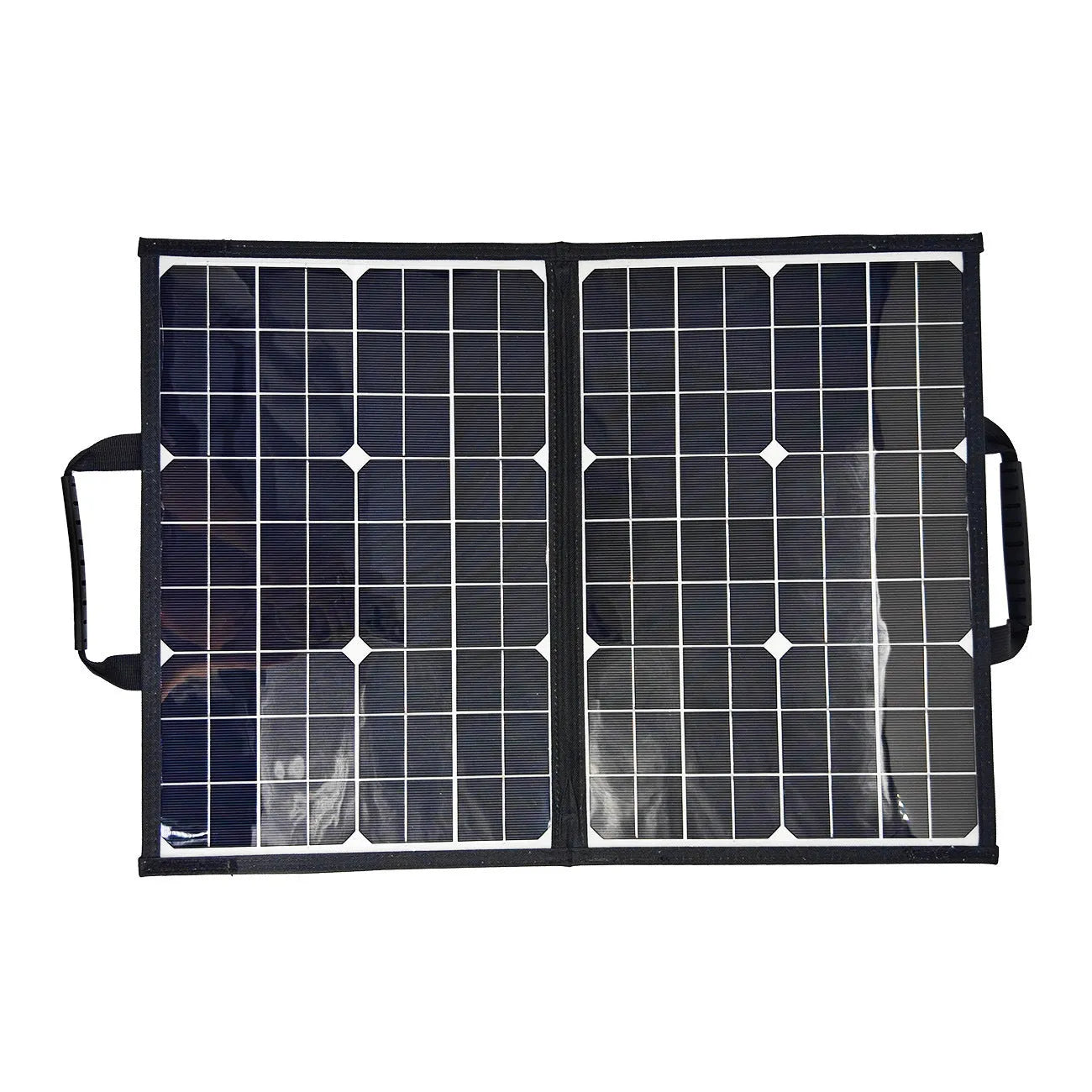 Black folding bag portable solar panel charger showing 40W power and folded size.