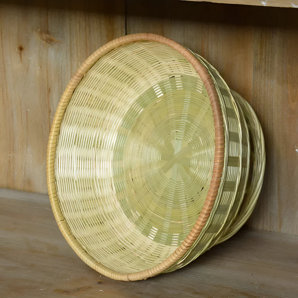 Handmade natural bamboo storage basket in three different sizes for household organisation
