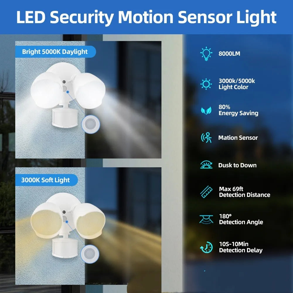White or black LED security flood light with motion sensor for wall or ceiling mounting