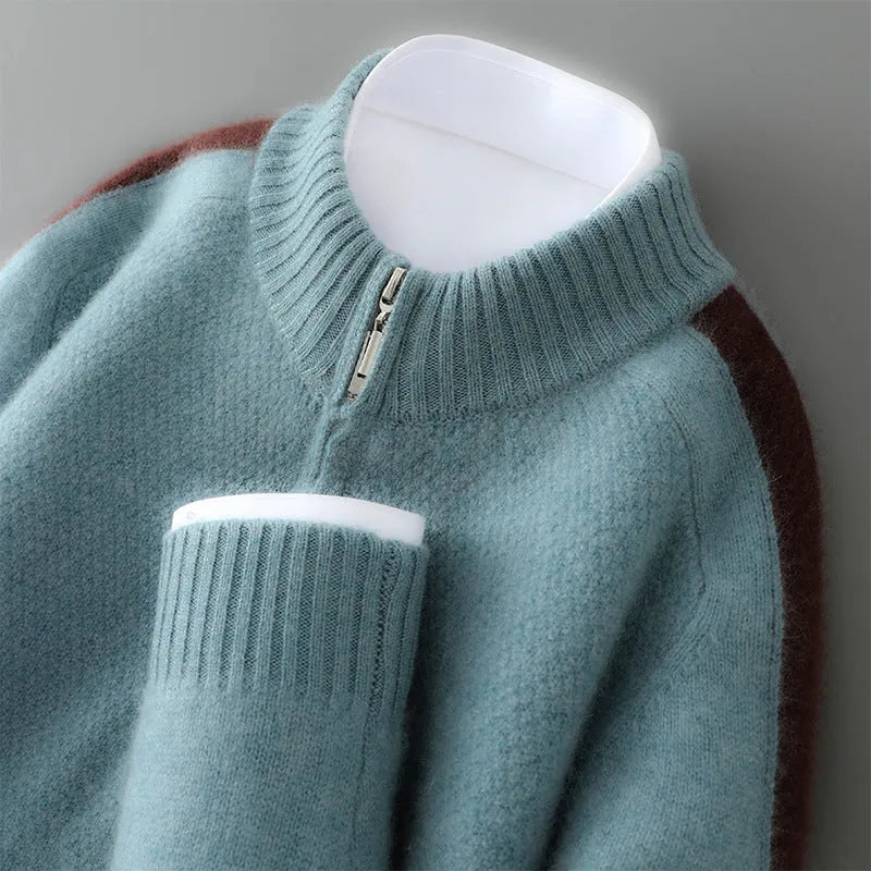 Half-zip wool sweater in slim fit with round neck, shown in one of four colours: Chinese Red, Grey, Pea Green, or Raw Velvet Camel