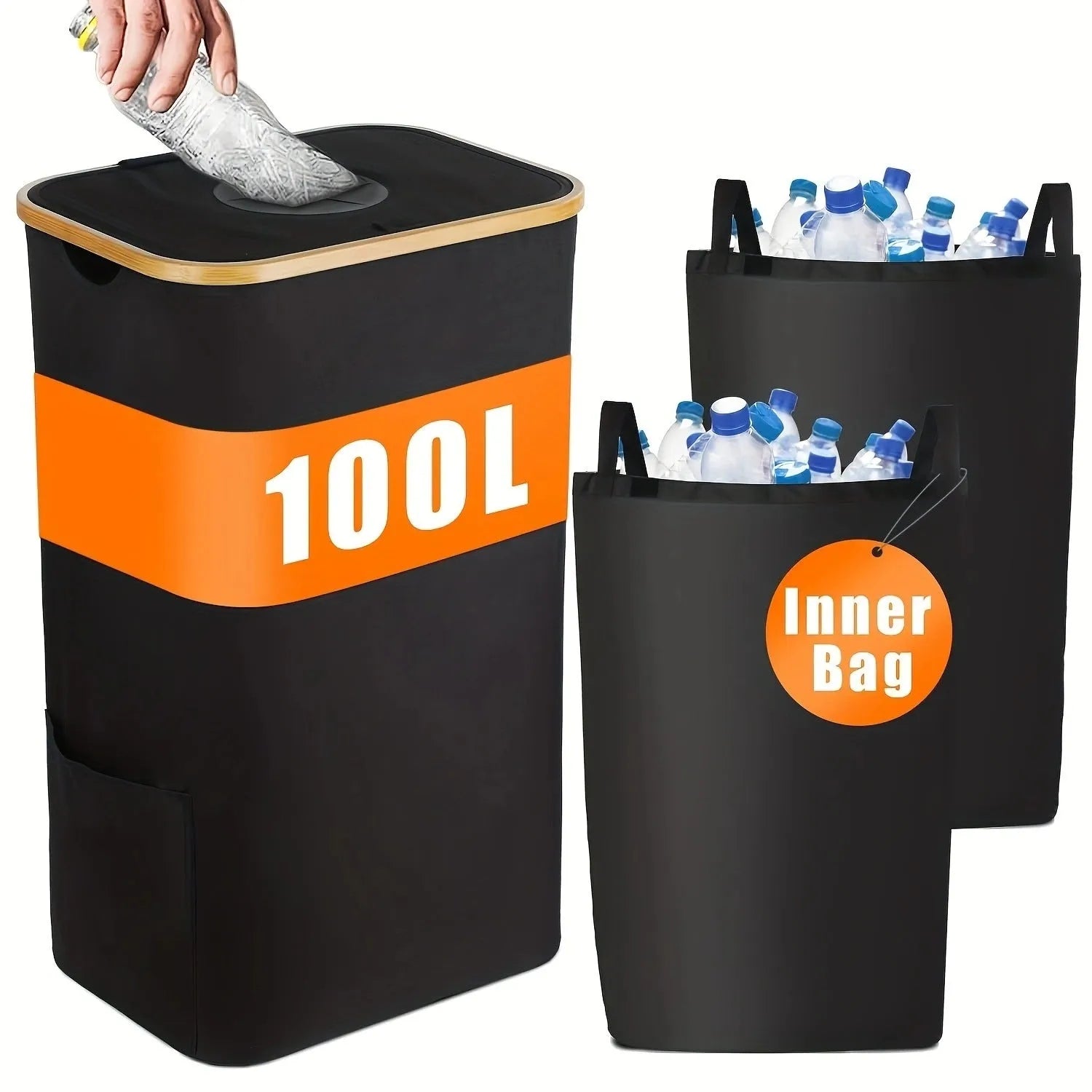 Black bamboo laundry basket with removable interior, fitted lid and double inner pockets