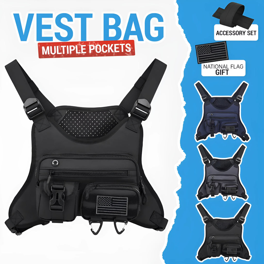 Men's black oxford cloth chest bag designed as a riding vest with visible sewing lines.