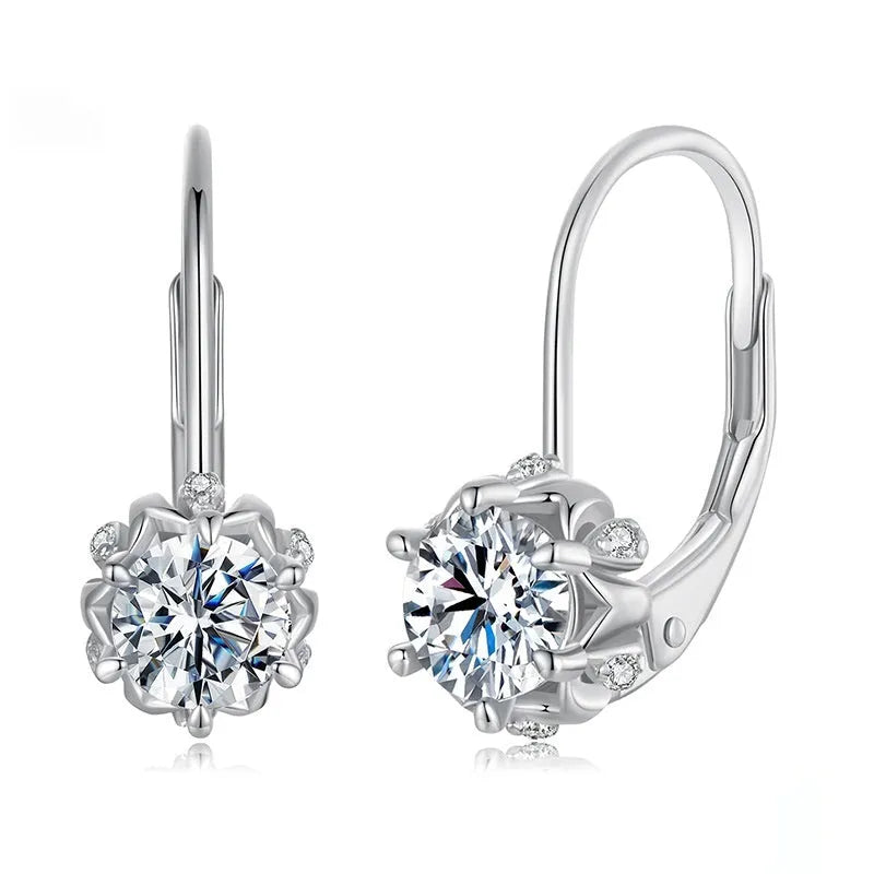 Flower bud design clip earrings in sterling silver with moissanite stone and white gold plating