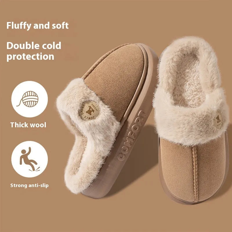 Plush fleece indoor slipper with PVC sole shown in available colours: black, blue, brown, khaki, pink.