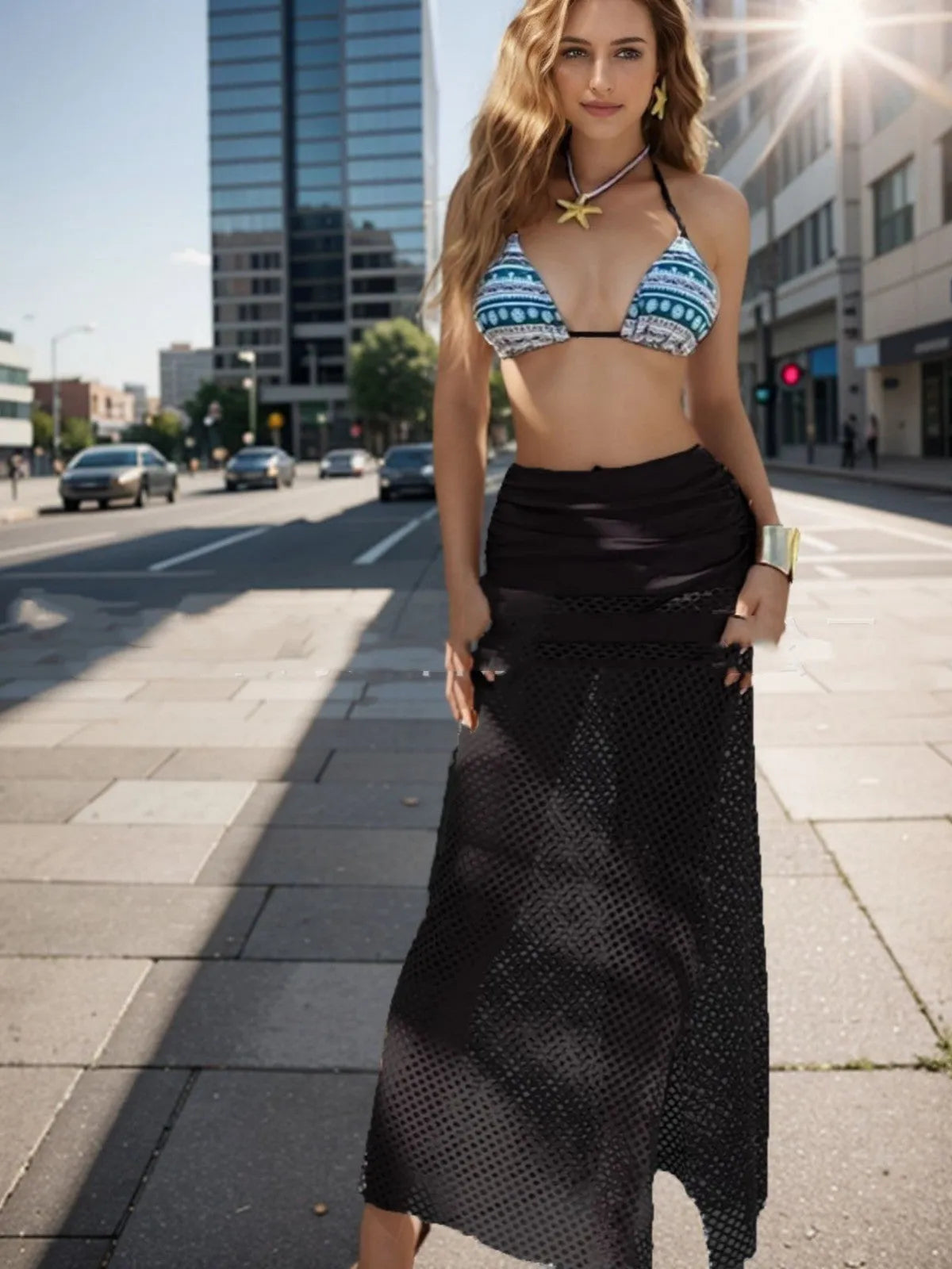 Women's gradient pattern bikini three-piece set with fishnet skirt in brown, rose pink, or black colours