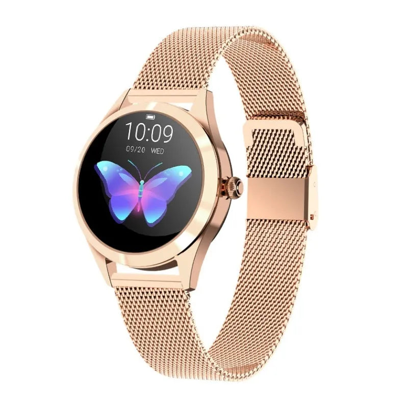 Women's multi-functional sports smartwatch in rose gold showing heart rate monitor and waterproof fitness features