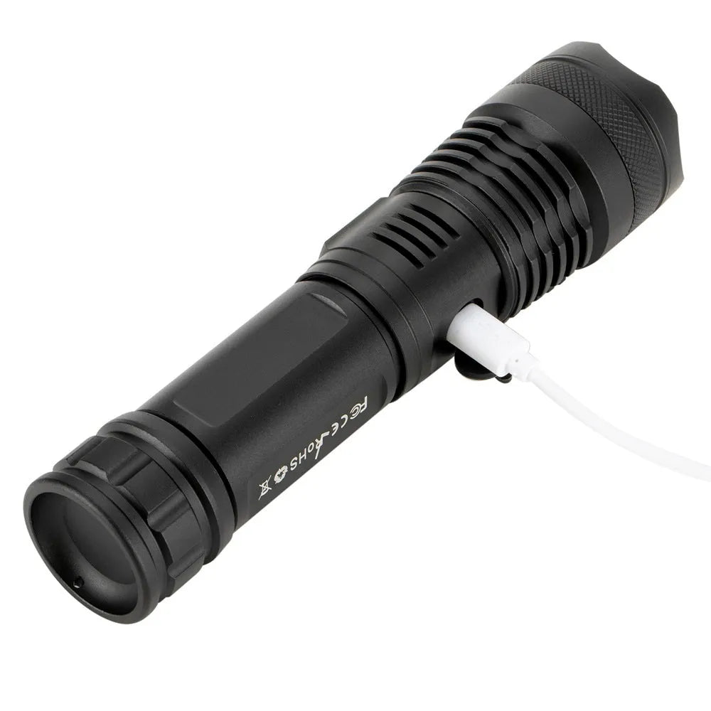 Black aluminium alloy rechargeable LED zoom flashlight with display, 30W, 500m range, no battery or cable included