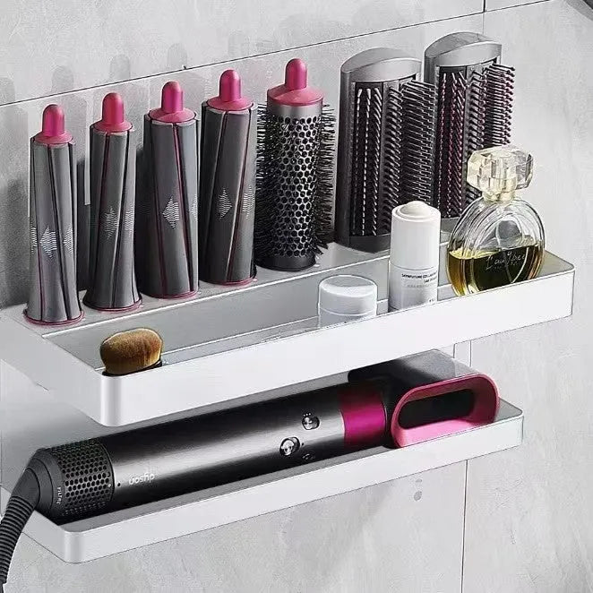 White two-layer aluminium bathroom storage rack holding Marcel wavers without drilling required