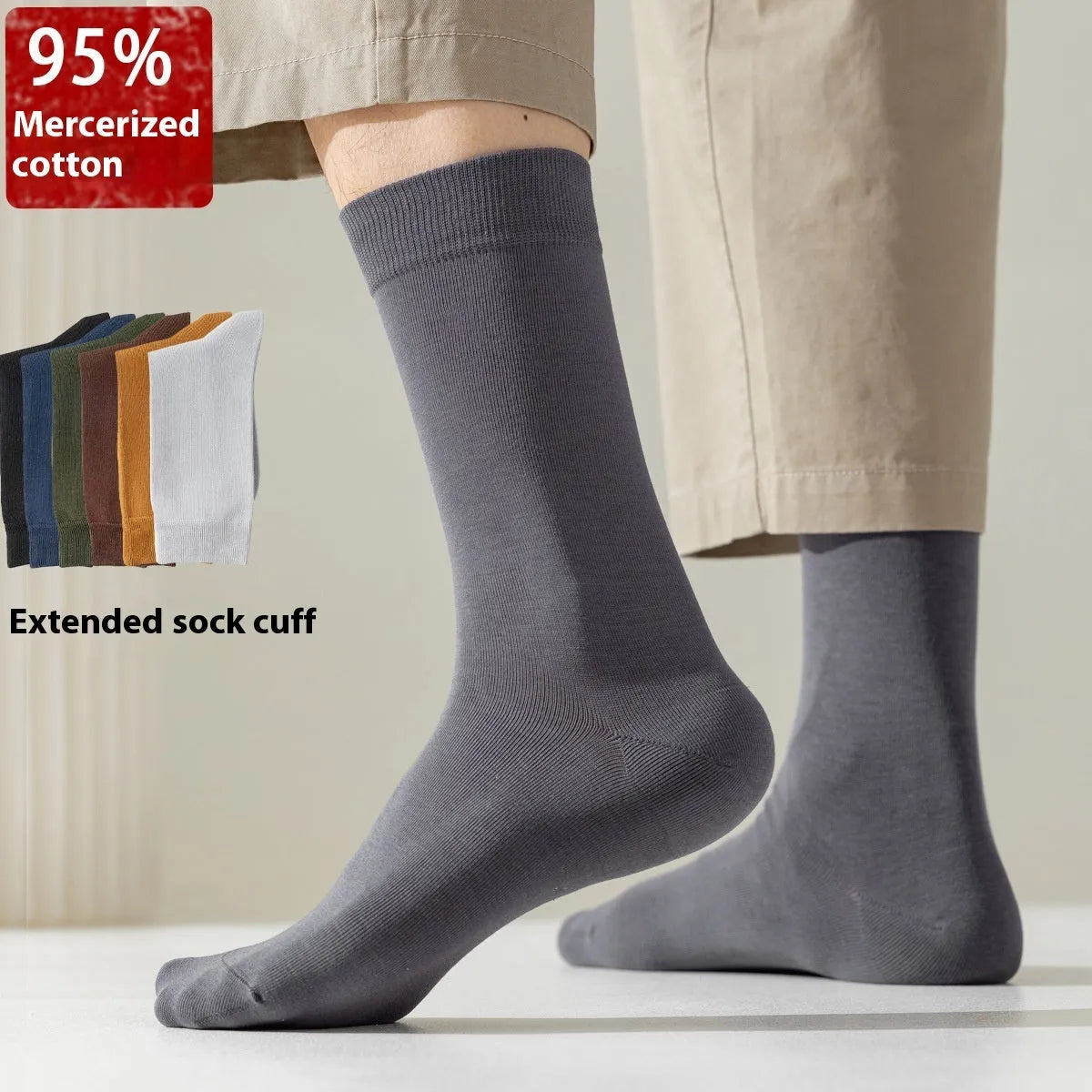 Mid-calf business socks in pure combed cotton showing solid colour options including army green, beige and black
