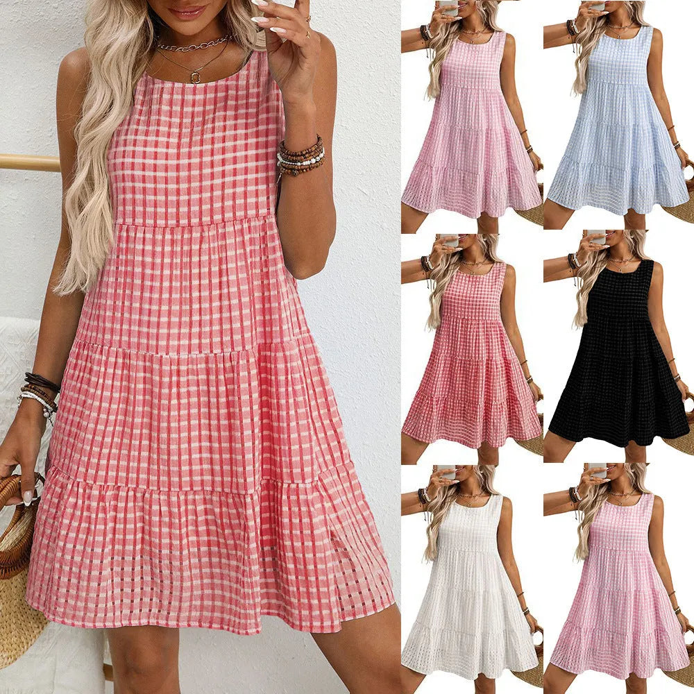 Women's light blue sleeveless plaid dress with loose swing skirt and high waist