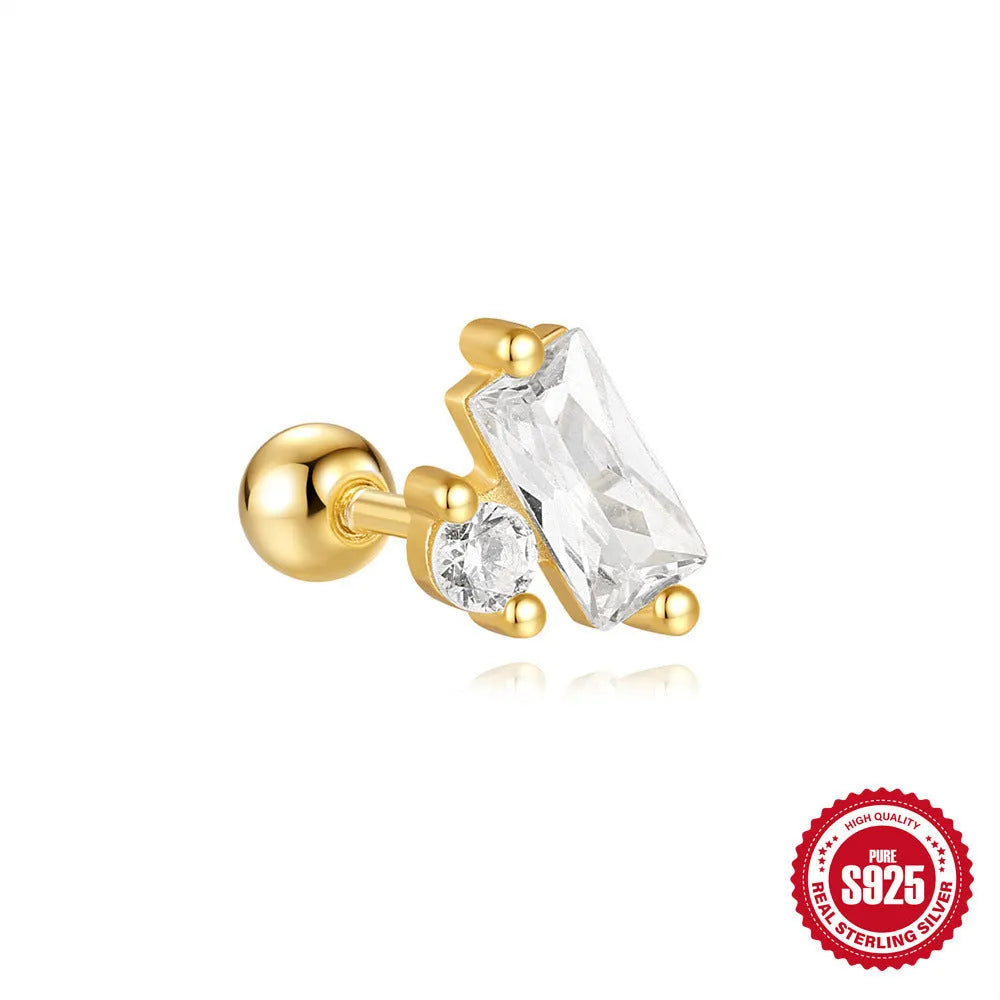 S925 sterling silver women's flower stud earrings with red gravel square setting and gold colour finish