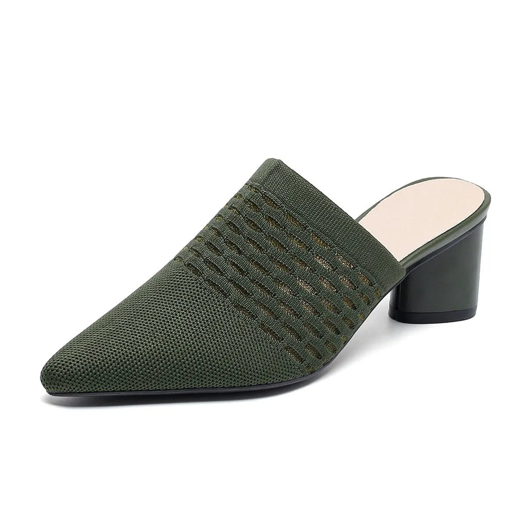 Women's pointed toe sandals with a fabric upper and 5cm chunky heel in fishing line colours.