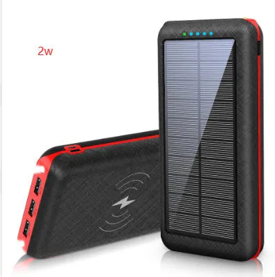 Black solar power bank with wireless charging pad, three USB ports, and an LED flashlight.