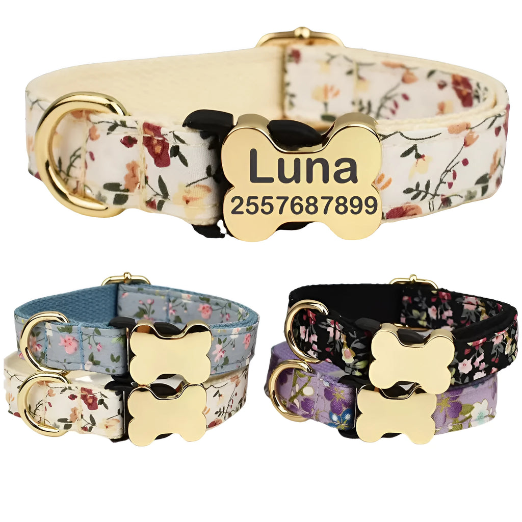 Flat nylon dog collar with printed grid pattern and bone-shaped buckle in multiple colour options