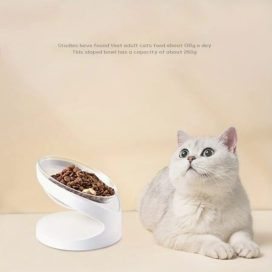 White clear elevated plastic cat food bowl with anti-vomit tilt design.