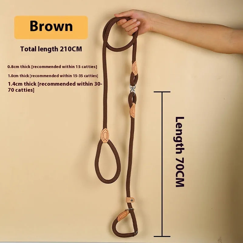 Brown nylon P chain hand holding dog leash showing 2.1 metre length and thickness options