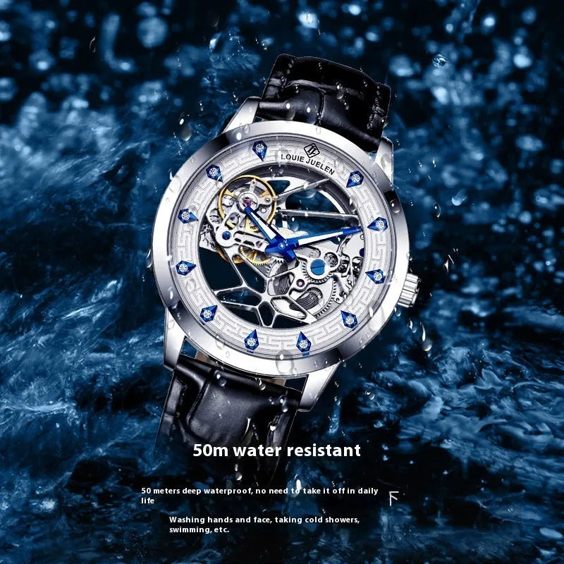 Men's silver mechanical watch with white dial, blue hands, black leather strap, and stainless steel buckle