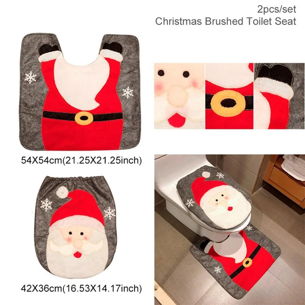 Christmas bathroom decoration set with flannel toilet cover, floor mat, and shower curtain in Santa design