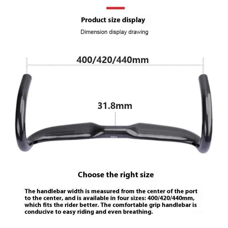 Ultra-light carbon fibre road bicycle drop handlebar in black grey silver, shown in 400mm 420mm and 440mm sizes.