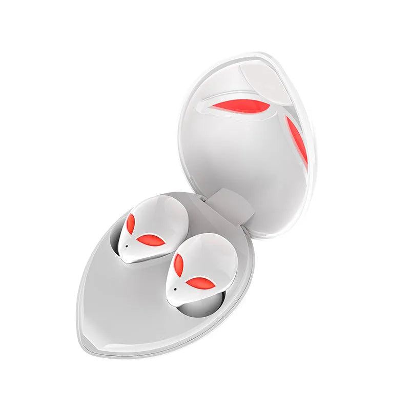 Creative Outer T8 Starman alien design Bluetooth headset with red LED lights and charging case.