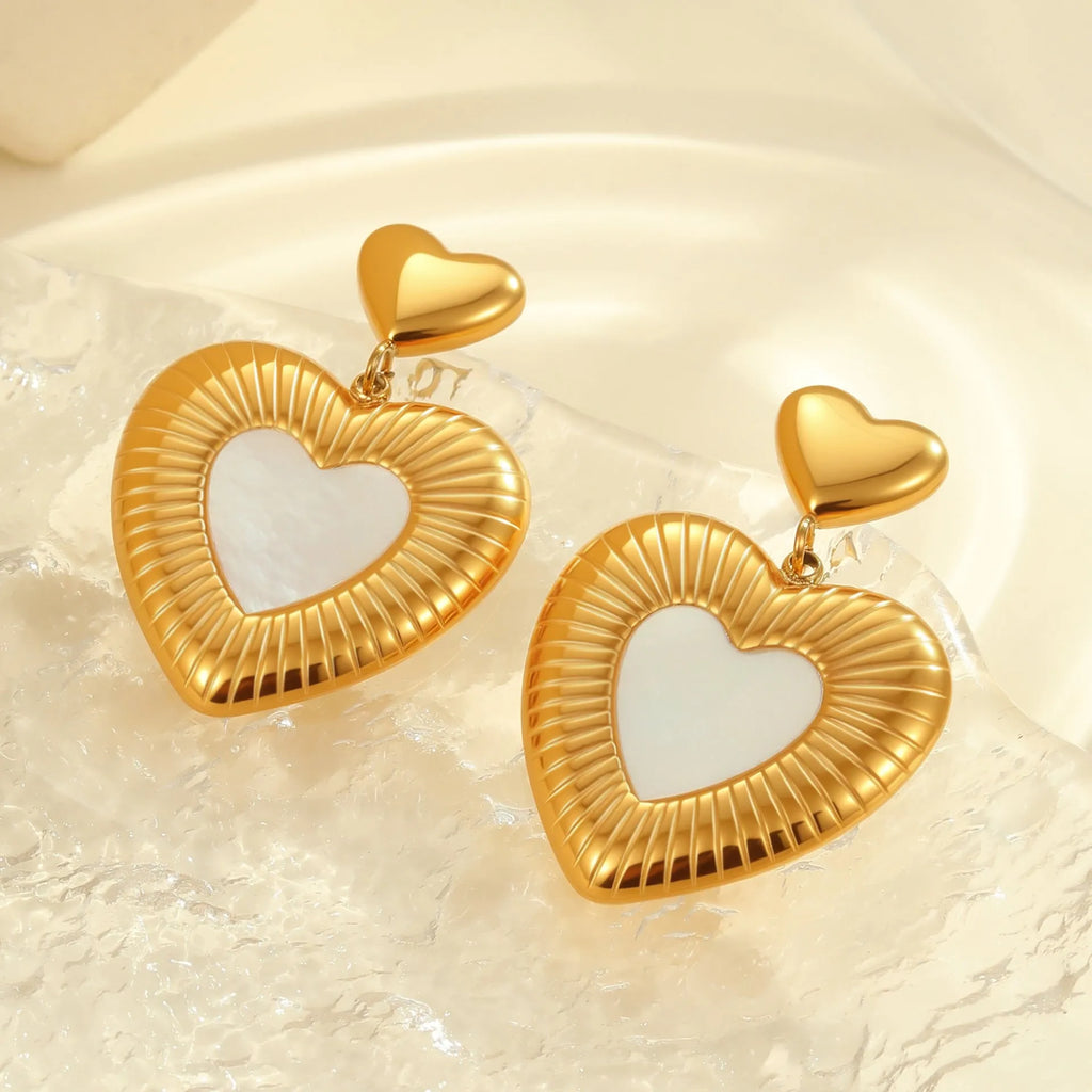 Gold electroplated heart-shaped stainless steel earrings for women with love-themed design