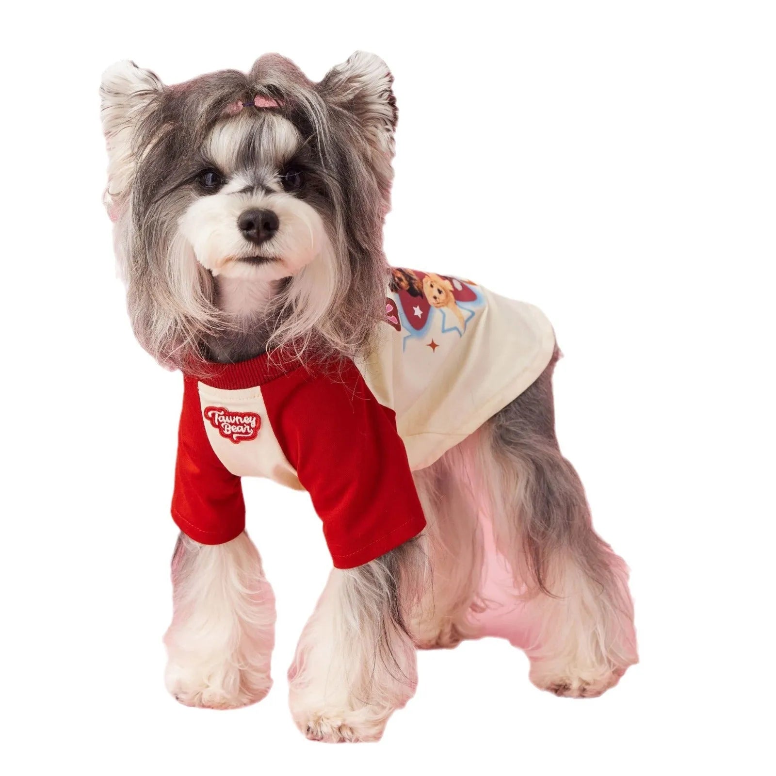 Red embroidered cotton dog summer clothing shown in size L