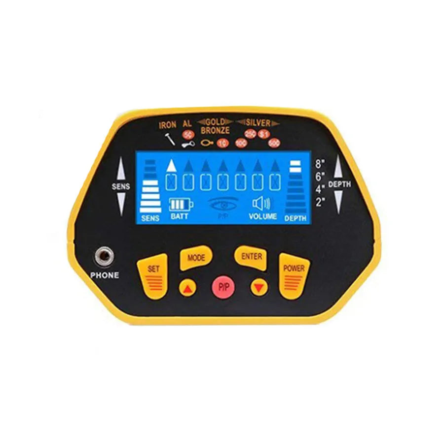 Black and yellow GC1028 professional metal detector with LCD display and waterproof search coil.