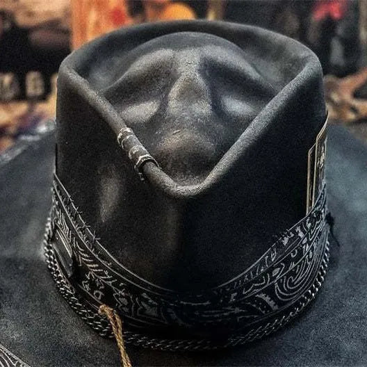 Handmade wool felt and denim Halloween skull hat with conical crown design