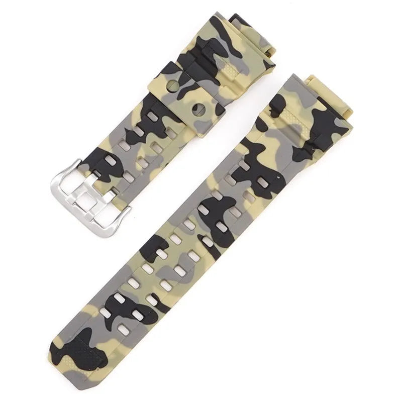Camouflage pattern TPU rubber watch strap with a silver buckle.