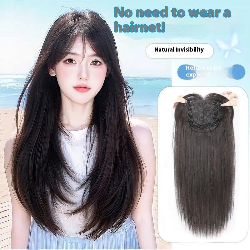 Black long straight high-layered wear-free hair net wig on display stand