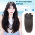 Black long straight high-layered wear-free hair net wig on display stand