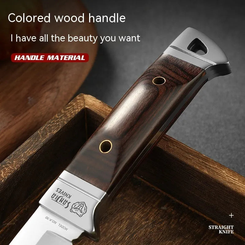 Camping portable fruit knife with stainless steel blade in a national style leather case.