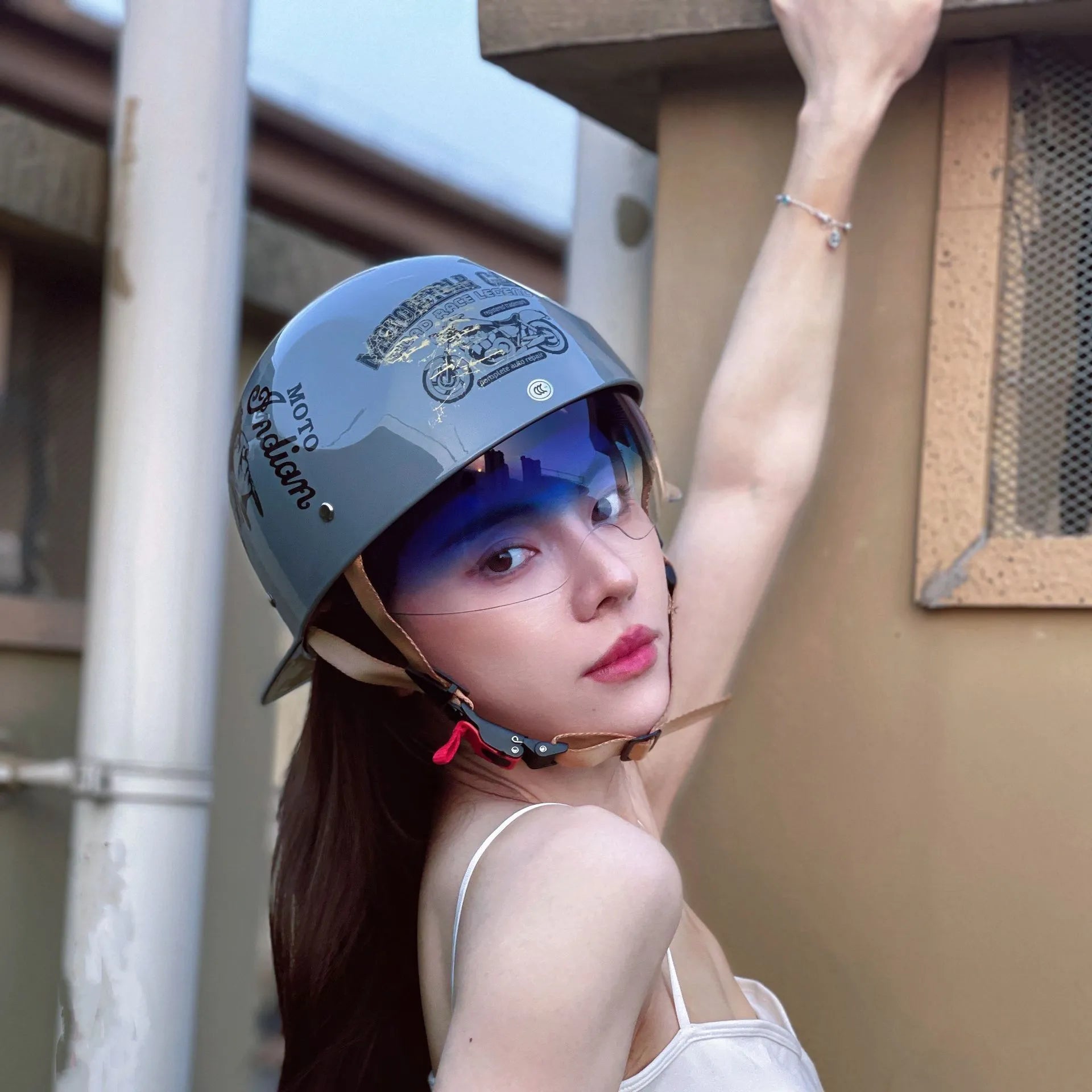 Black gradient blue retro half helmet for electric bicycles with tinted visor and ABS construction