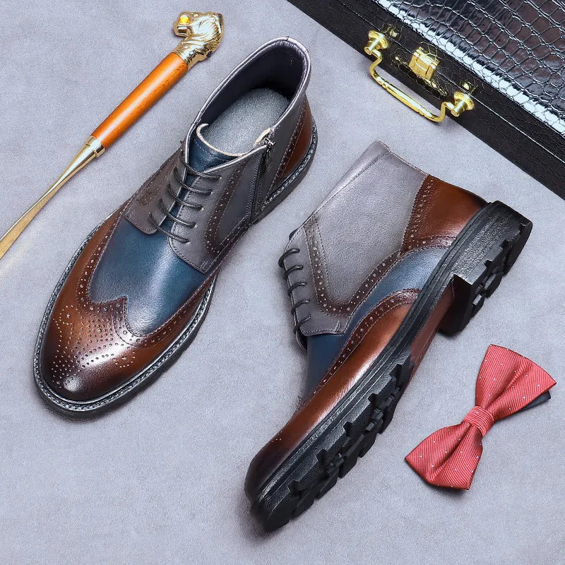 Men's coffee blue leather brogue boots with colour blocking, carved detail, and a low square heel.