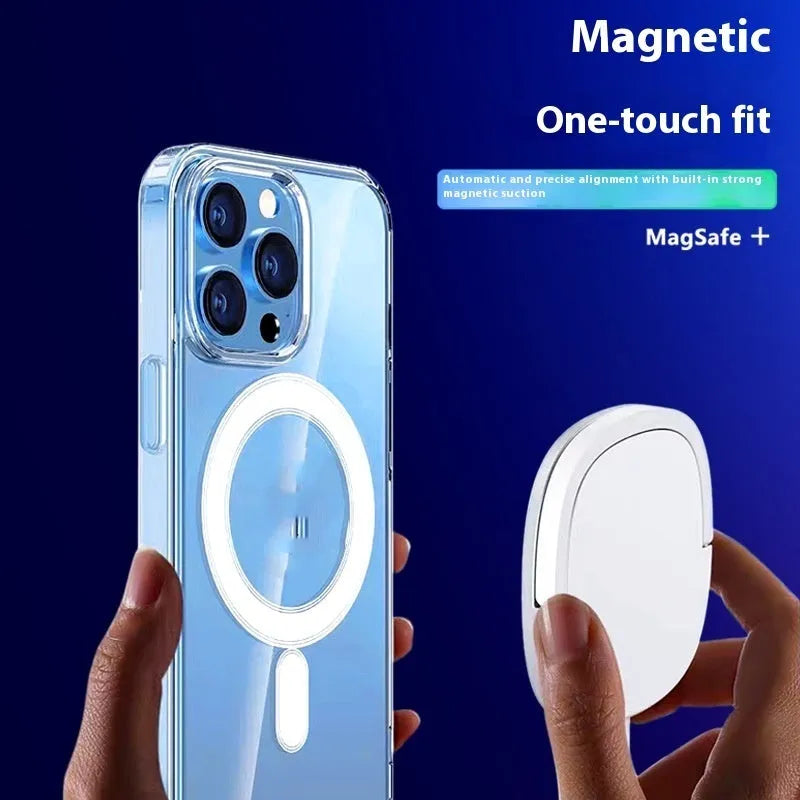Transparent magnetic straight edge phone case for Apple 16 and 16 Plus with airbag drop-resistant corners.