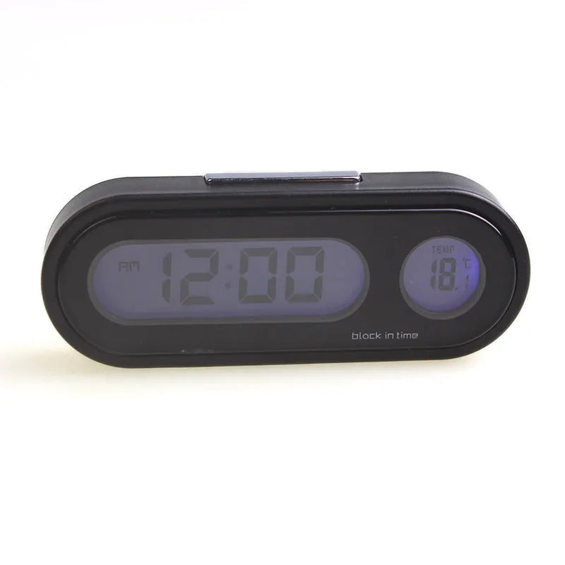 Black electronic car clock thermometer with digital LED display showing time and temperature, featuring an adjustable base.