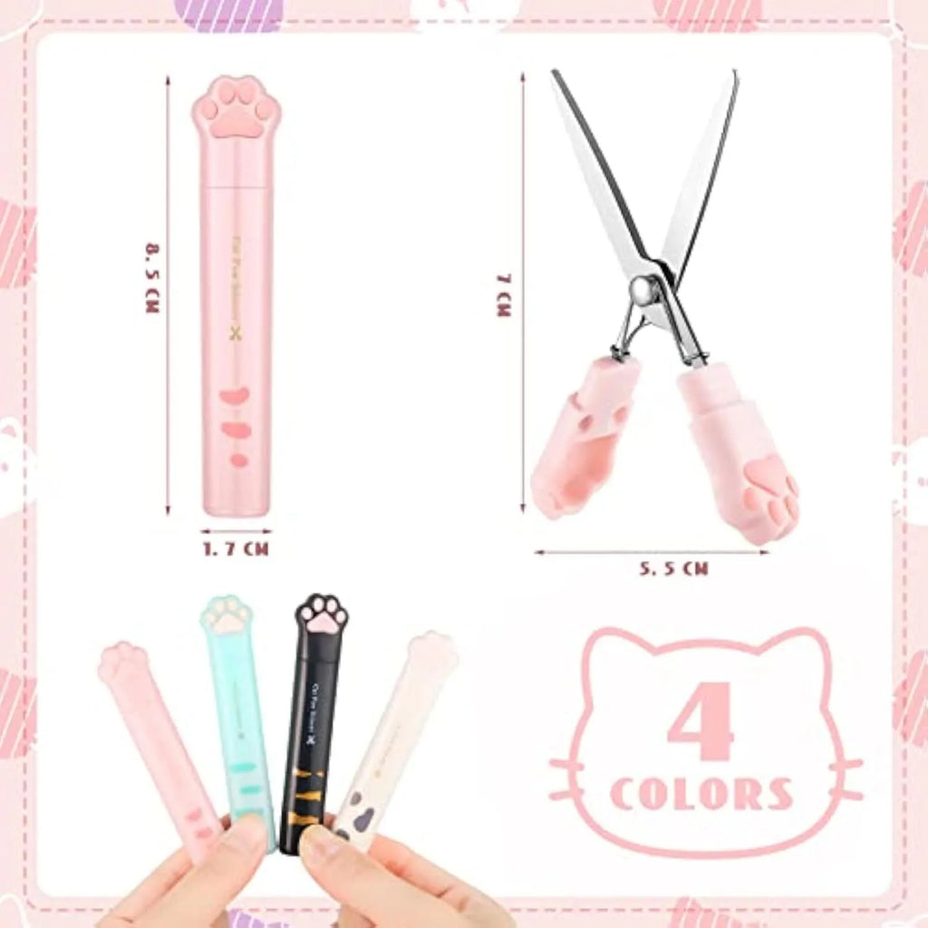 Cat paw mini folding scissors showing stainless steel blades and compact size next to a ruler.