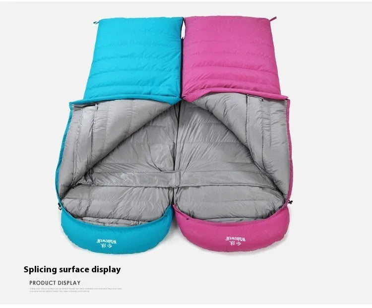 Black outdoor sleeping bag with goose down filler and tear-resistant nylon fabric shown on a neutral background.