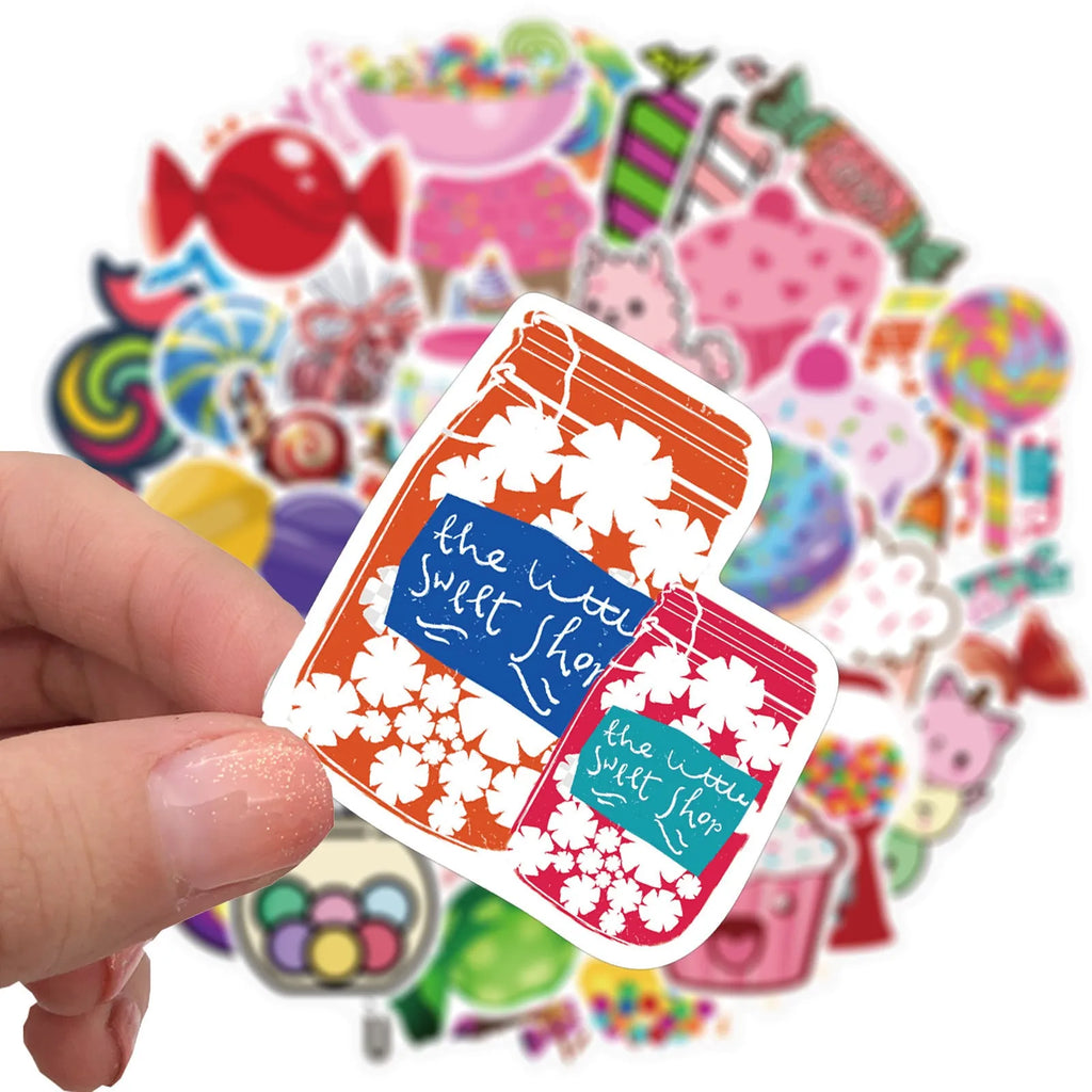 Pack of 50 colourful Candy series graffiti stickers with cartoon designs measuring 4-6cm.