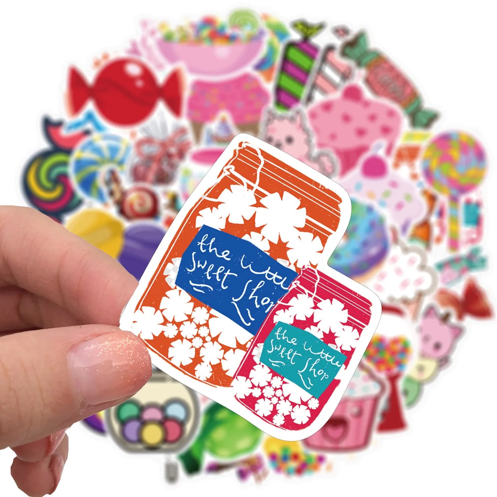 Pack of 50 colourful Candy series graffiti stickers with cartoon designs measuring 4-6cm.