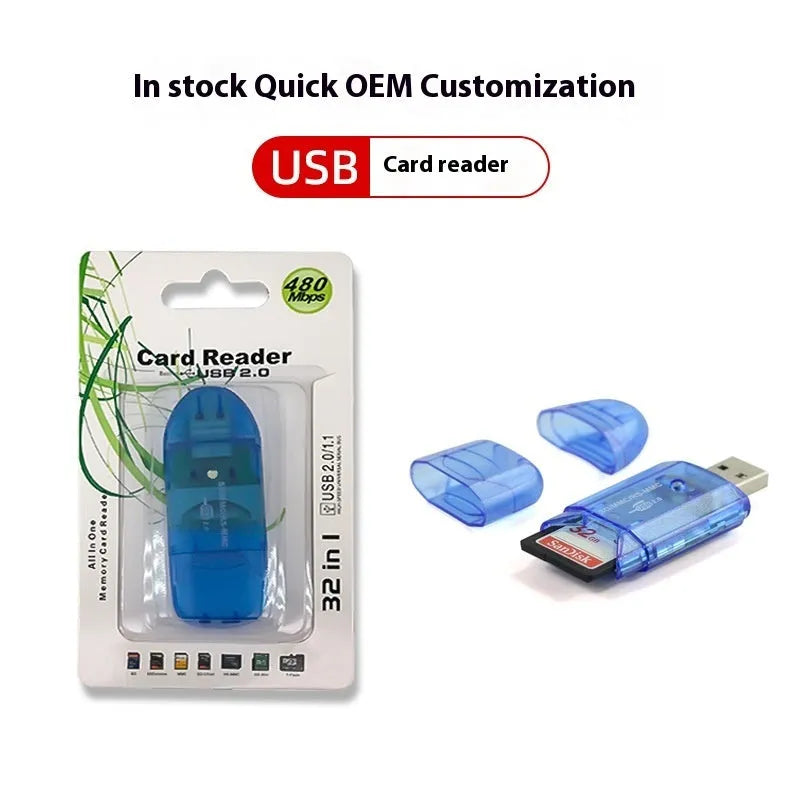 Transparent plastic USB card reader showing internal components with optional LED illumination