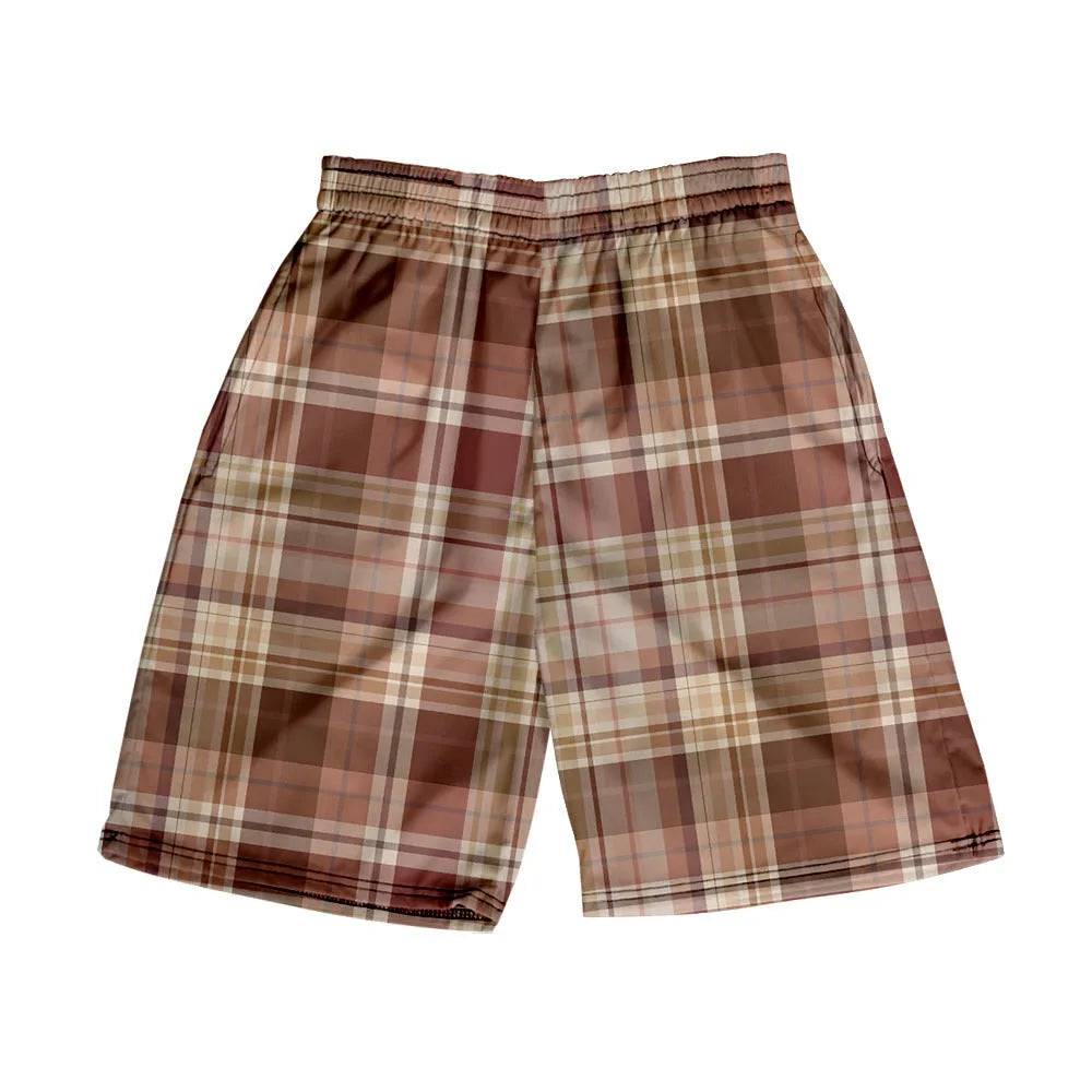 Men's straight-leg plaid shorts with elastic waistband in various colour options