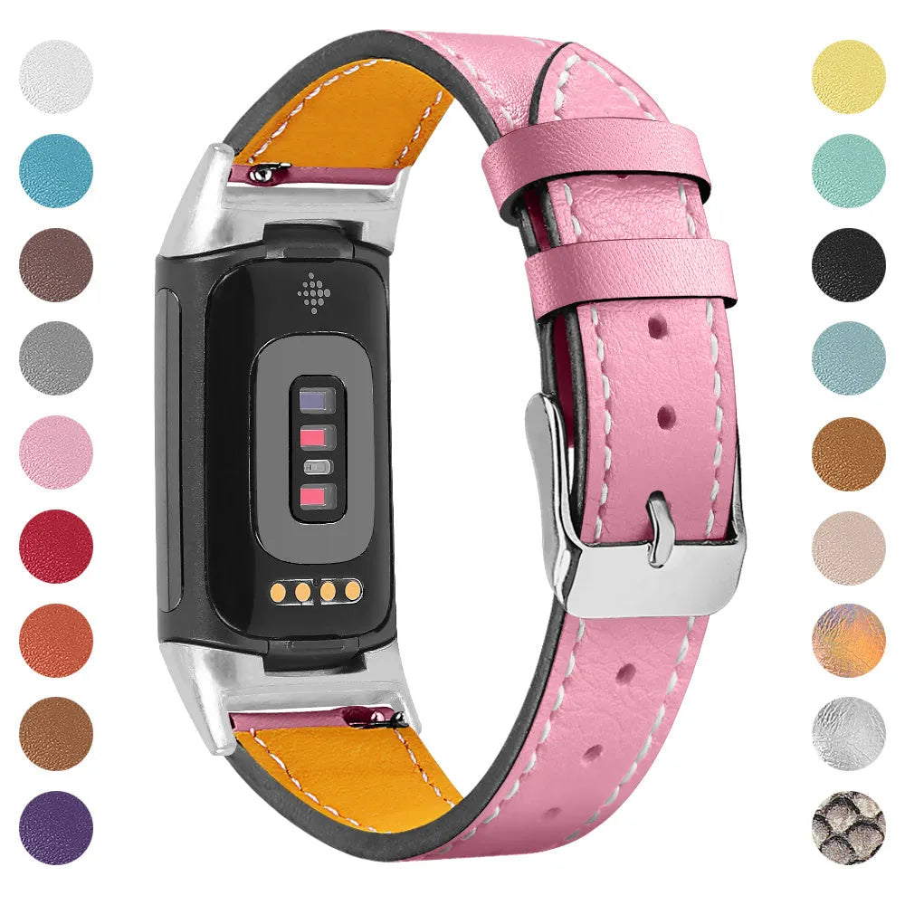 Genuine leather strap for Fitbit Charge 5 and Charge 6 smartwatch in apricot colour.