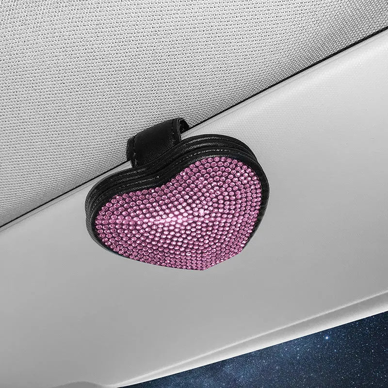 Diamond-encrusted PU leather car sun visor organiser clip with magnetic document holder and glasses storage