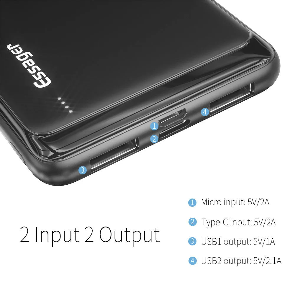Black or white Essager 10000mAh portable power bank showing dual USB ports and LED indicator lights.