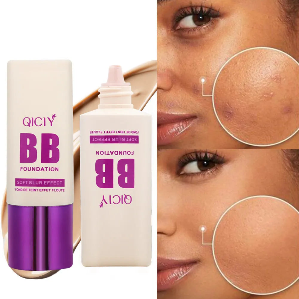 Squeezable plastic bottle of brightening BB cream liquid foundation in one of ten available shades.