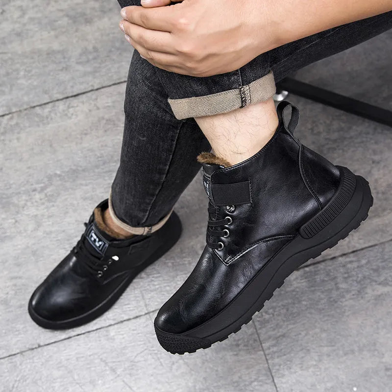 Men's black high-top platform Martin boots with a velvet upper and rubber sole.